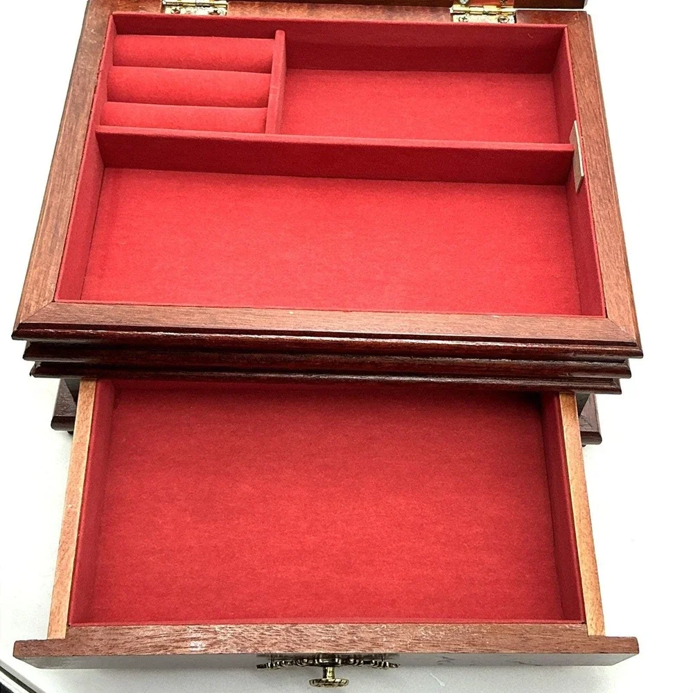 Vintage Ladies Walnut Finish Jewelry Box w Mirror Photo‎ Frame New in Box